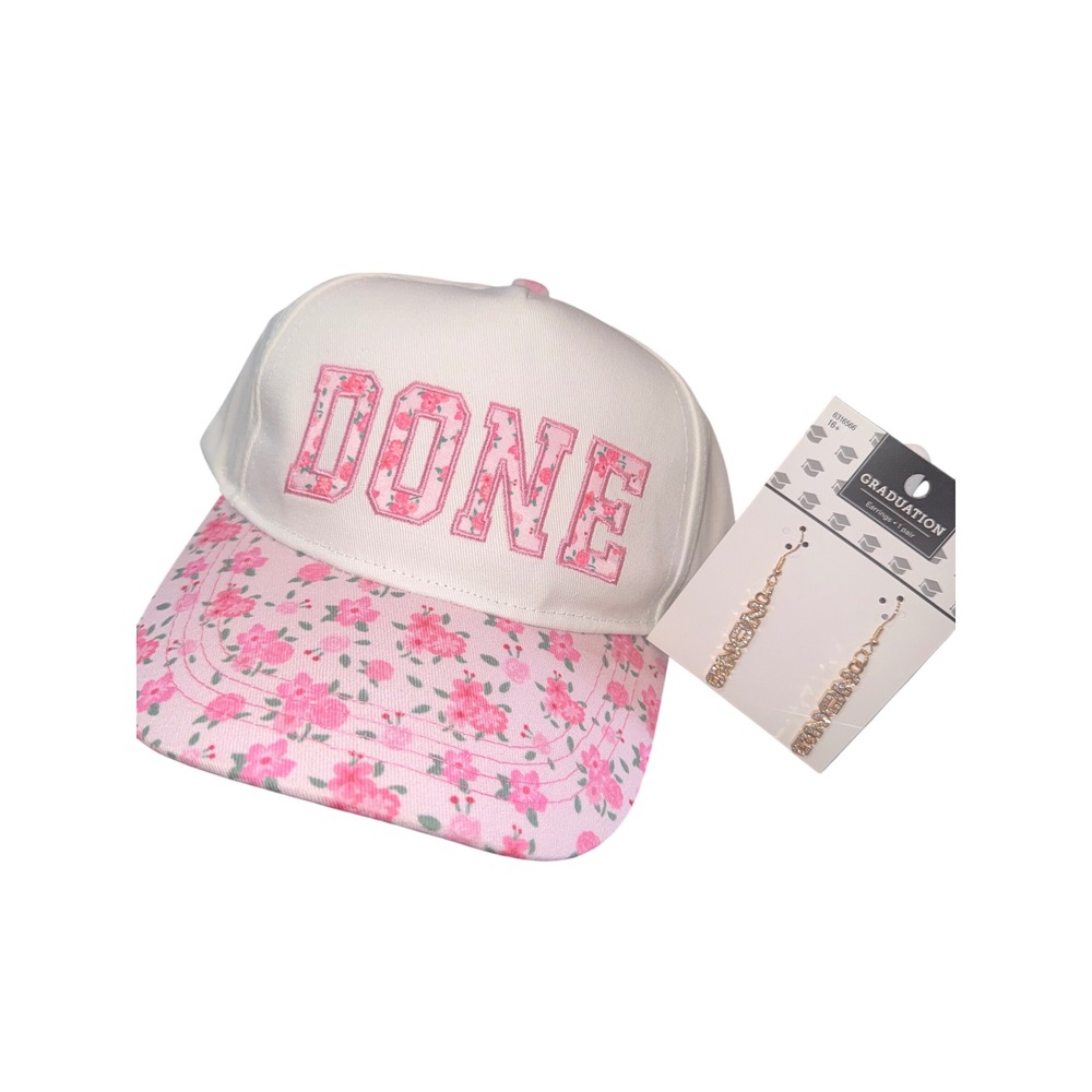 2026 Graduate Pink Flowery Baseball Cap+Rhinestone Earrings Brand New NWT